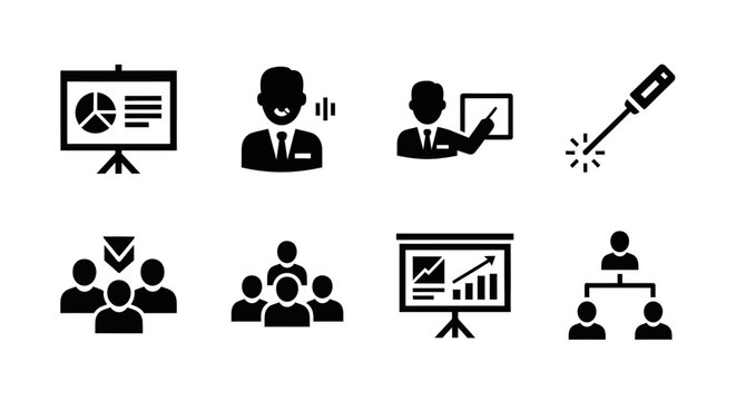Business meeting icons: presentation, speaker, team, organization chart, laser pointer
