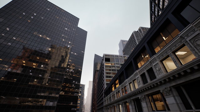 reflective glass towers and narrow alley framing upward perspective with illuminated office windows and geometric facades. overcast sky casts cool tones