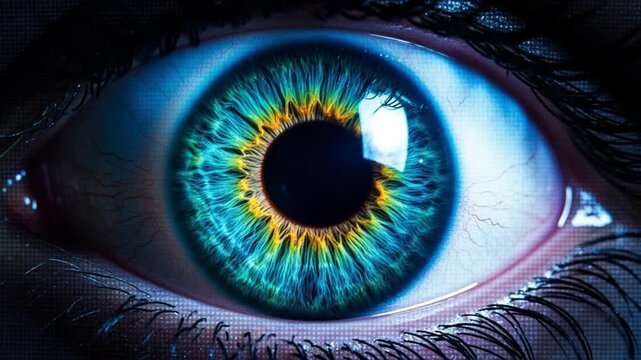 Extreme close up of a human eye opening and blinking on a pixelated screen
