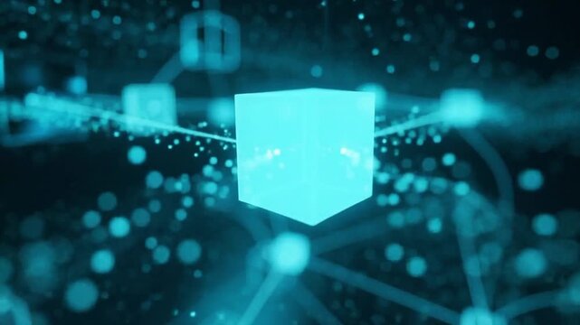 3D render neural network architecture glowing blue cubes connected lines dark background. Represents artificial intelligence machine learning deep learning technology data processing digital.