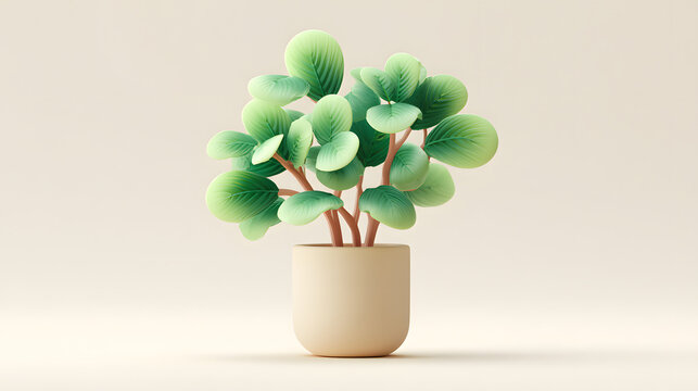 3D stylized semi-real potted plant with rounded stylized leaves, simple cylindrical pot. Soft subsurface leaf shading. Solid light neutral background.