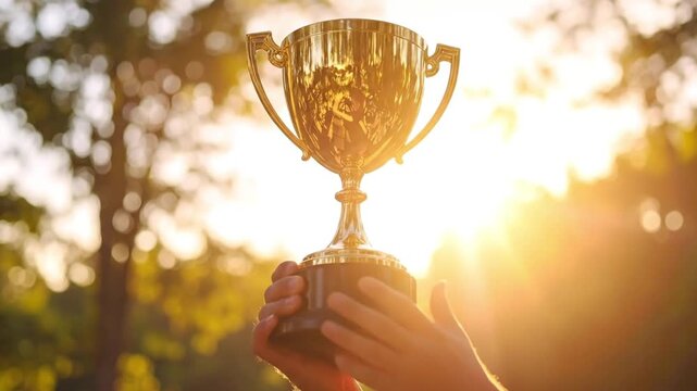Person holding up a shining golden trophy outdoors during a bright sunset