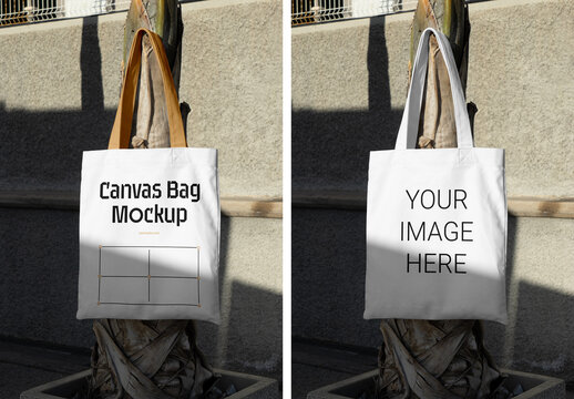 Tote Bag Hanging on Tree Mockup