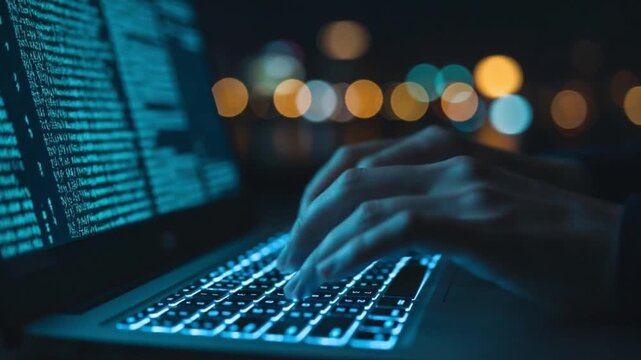 Cybersecurity expert analyzing encrypted data streams on a laptop for potential breach detection.
