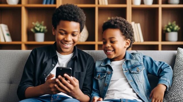 Two little African American boys looking in mobile phone using smartphone gadget addict generation siblings family boys children kids brothers playing internet game scrolling at home overuse apps