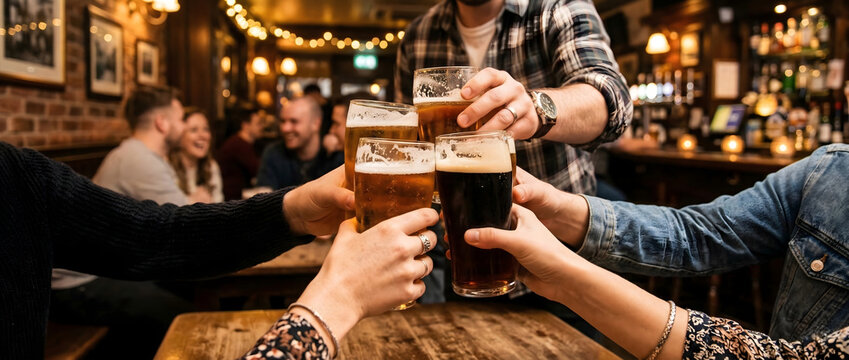 Panoramic shot of friends clinking pints of beer in a rustic pub for St. Patrick's Day, toasting with stout and lager for holiday celebration