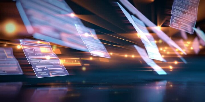Document management concept with glowing electronic documents flowing across a virtual screen into a paperless processing system, automation efficiency visualization