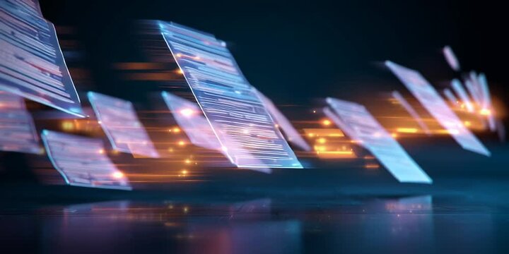 Document management concept with glowing electronic documents flowing across a virtual screen into a paperless processing system, automation efficiency visualization