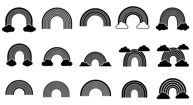 Set of Black and White Rainbow Icons with Clouds, Vector Graphics