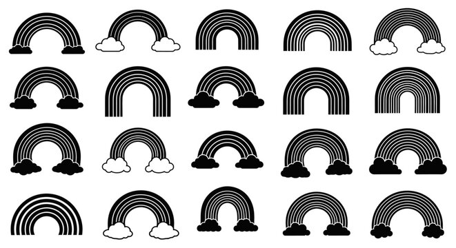 Set of Black and White Rainbow Icons with Clouds, Vector Graphics