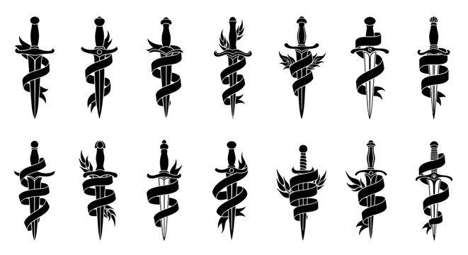 Set of Black Sword and Ribbon Icons, Emblematic Design Elements for Logos and Symbols