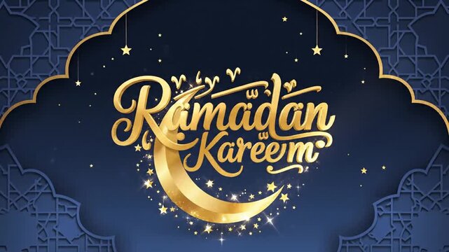 Golden Ramadan Kareem greeting with crescent moon and Islamic pattern