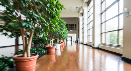 Fototapeta premium Modern office building interior hallway with potted trees and large windows