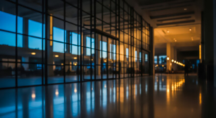 Blurred modern office building interior with glass facade and warm evening lights