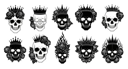 Fototapeta premium Skull Crown Rose Tattoo Vector Set - Black and White Gothic Art Collection