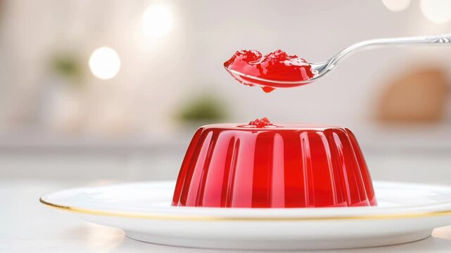 Elegant spoonful of red jelly dessert on white plate in soft ambient light