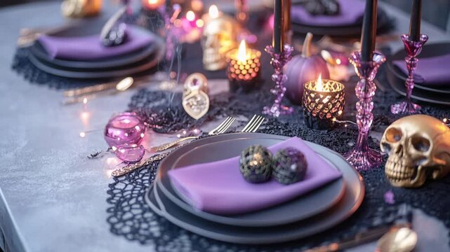 Mystical halloween table setting with candles and skulls creating magical ambiance