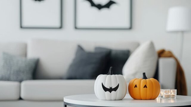 Minimalist halloween interior with pumpkin decor and cozy atmosphere in modern living room