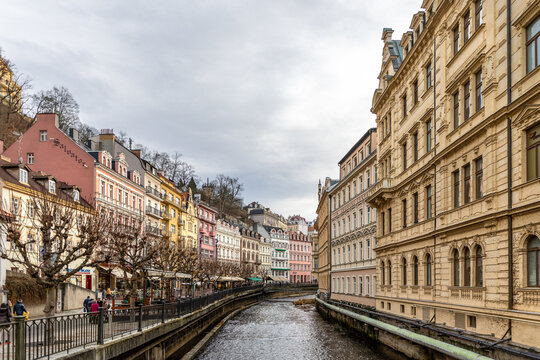 Karlovy Vary, Czech Republic, 01-01-2025, a thermal mineral bath spa city located at the Ohre and Tepla river, part of Unesco, Neo Renaissance and Neo Baroque building architecture style