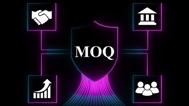 Glowing neon network connecting MOQ business icons handshake phone graph analytics brain gears team people hacker on laptop digital transformation technology concept. 4k video
