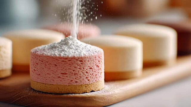 Powdered sugar gently falling on colorful mini cakes in slow motion on rustic board