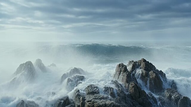 Dramatic seascape with crashing waves over rocky formations under an overcast sky