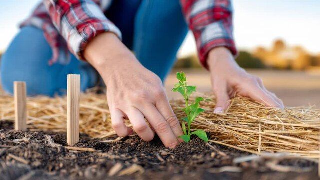 Nurturing young plants in garden bed with hay mulch and careful hands