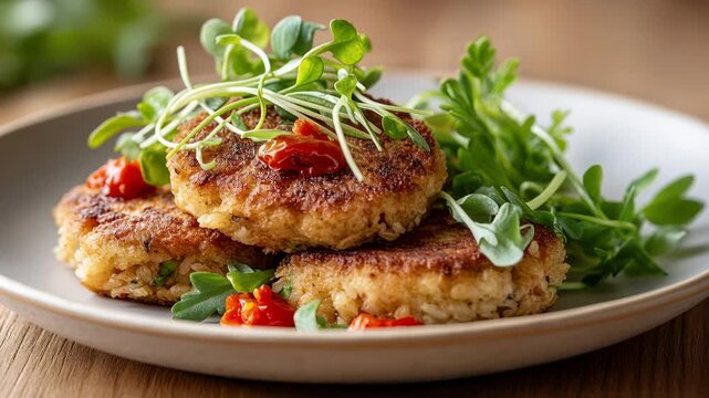 Delicious crispy fish cakes with fresh microgreens and vibrant red sauce garnish