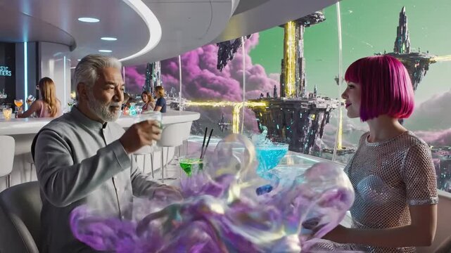 Couple drinks in futuristic bar overlooking fantasy landscape