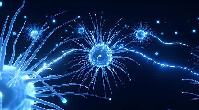 Abstract blue neurites and neurons communicating in a stylized, dark background