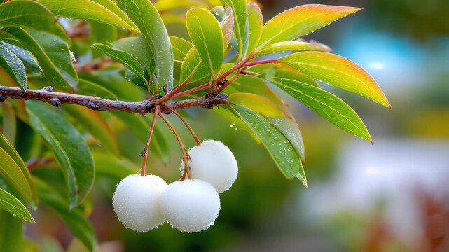 Snowball Tree Berries on Branches With Green Leaves in a Garden Setting