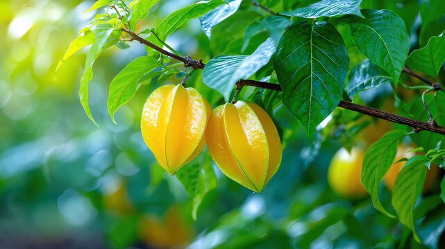 Star Fruit Growing on a Tree in a Garden During Early Morning Hours