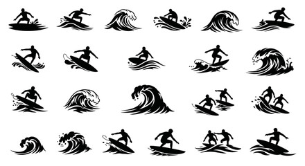 Fototapeta premium Surfing Silhouette Collection: Dynamic Waves and Action Sports Icons