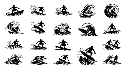 Obraz premium Surfing Silhouette Collection: Dynamic Waves and Athletic Surfers in Action