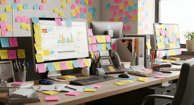 April fool's day office prank chaos sticky notes desk