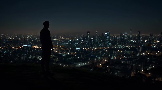 Silhouette of a man overlooking the illuminated cityscape at night time