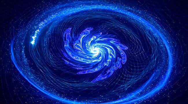 Swirling vortex of blue energy and light in a cosmic space background