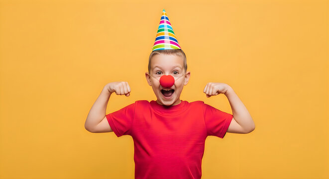 April fools' day fun with a young boy in red t shirt and colorful party hat