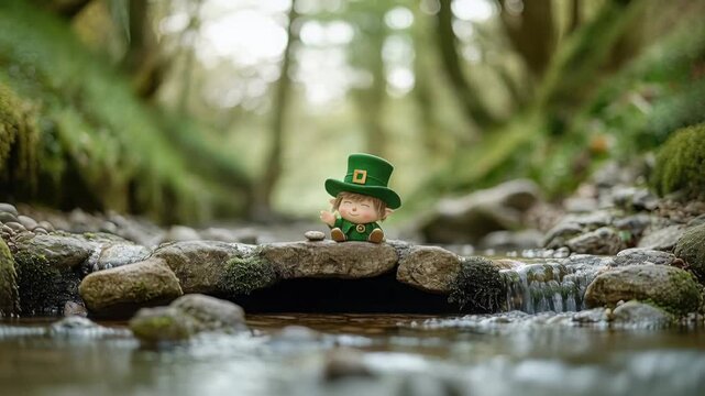 Charming leprechaun waves on mossy bridge over babbling forest stream in enchanted woodland
