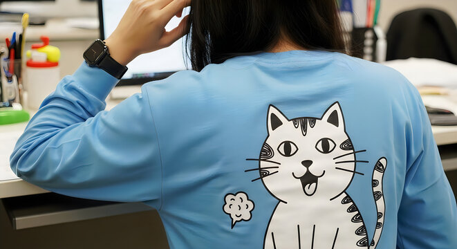 April fools' day prankster wears funny cat sweatshirt at office desk on april 1st