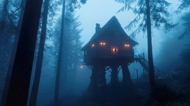 Mysterious treehouse in enchanted forest with glowing lights at dusk