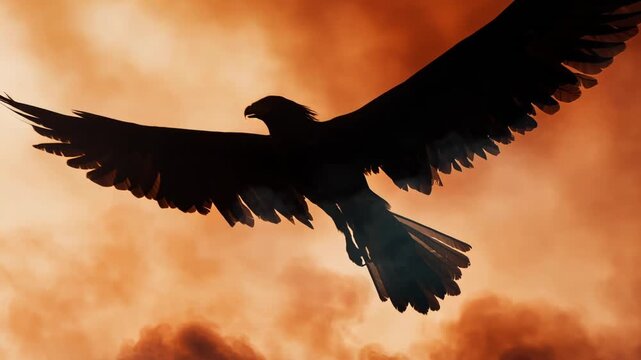 Majestic bird soaring against dramatic orange sky with flowing clouds