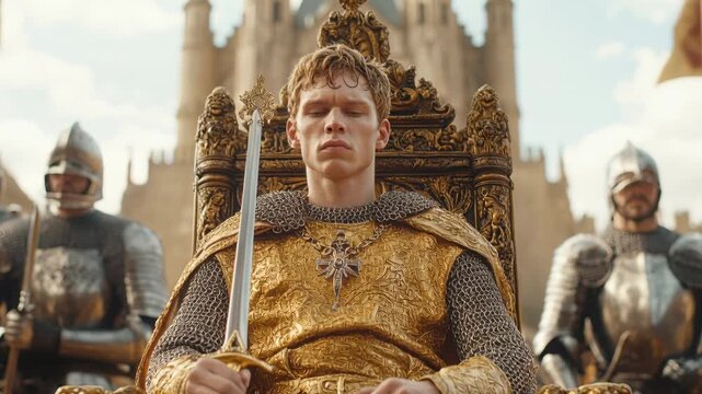 Noble knight ascends throne with guarded ceremony in medieval castle setting