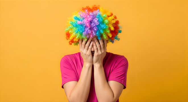 Laughing april fool's day person wearing colorful wig on yellow background