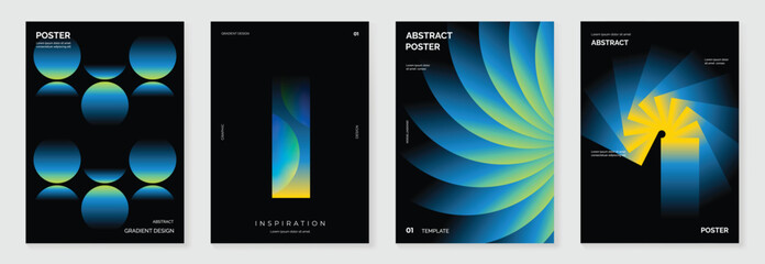 Abstract blue gradient cover card vector set. Circular glow, dark panels, and radiant sunrise shapes for poster, banner, wallpaper, and modern design. © TWINS DESIGN STUDIO