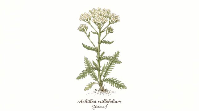 Detailed botanical illustration of the yarrow plant (Achillea millefolium), showcasing delicate white flowers and feathery green leaves, rendered as a classic herbal drawing on an isolated background