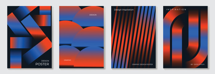 Abstract geometric gradient poster vector set. Orange and blue shapes with stripes and arches for cover, banner, branding, and modern editorial design.