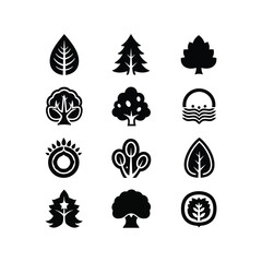 Collection of various tree silhouettes icons.