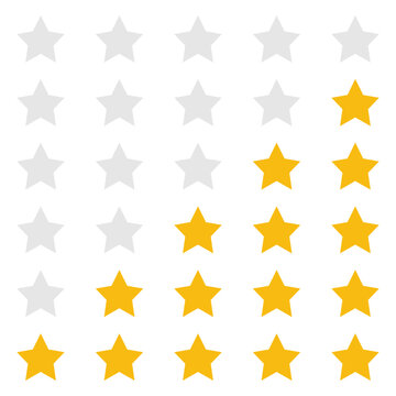 Comprehensive 5x5 star rating system grid with golden and grey stars. Customer feedback scale.