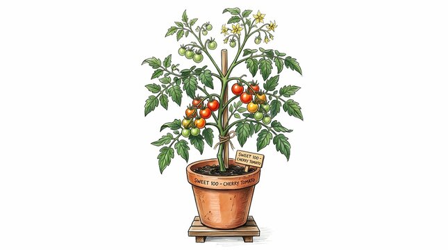 Vibrant hand-drawn illustration of a healthy potted cherry tomato plant with ripening red and green fruits and delicate blossoms, ideal for home gardening, isolated on white background